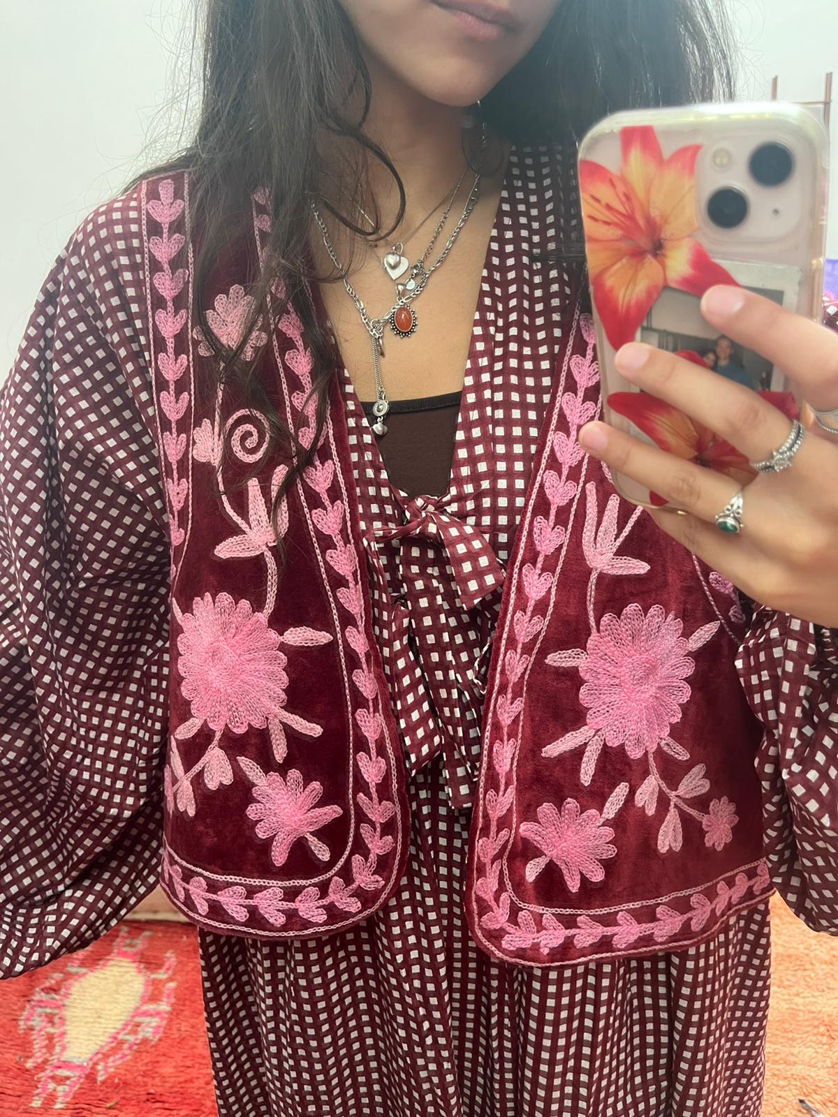 Suzani velvet  Gilet red pink