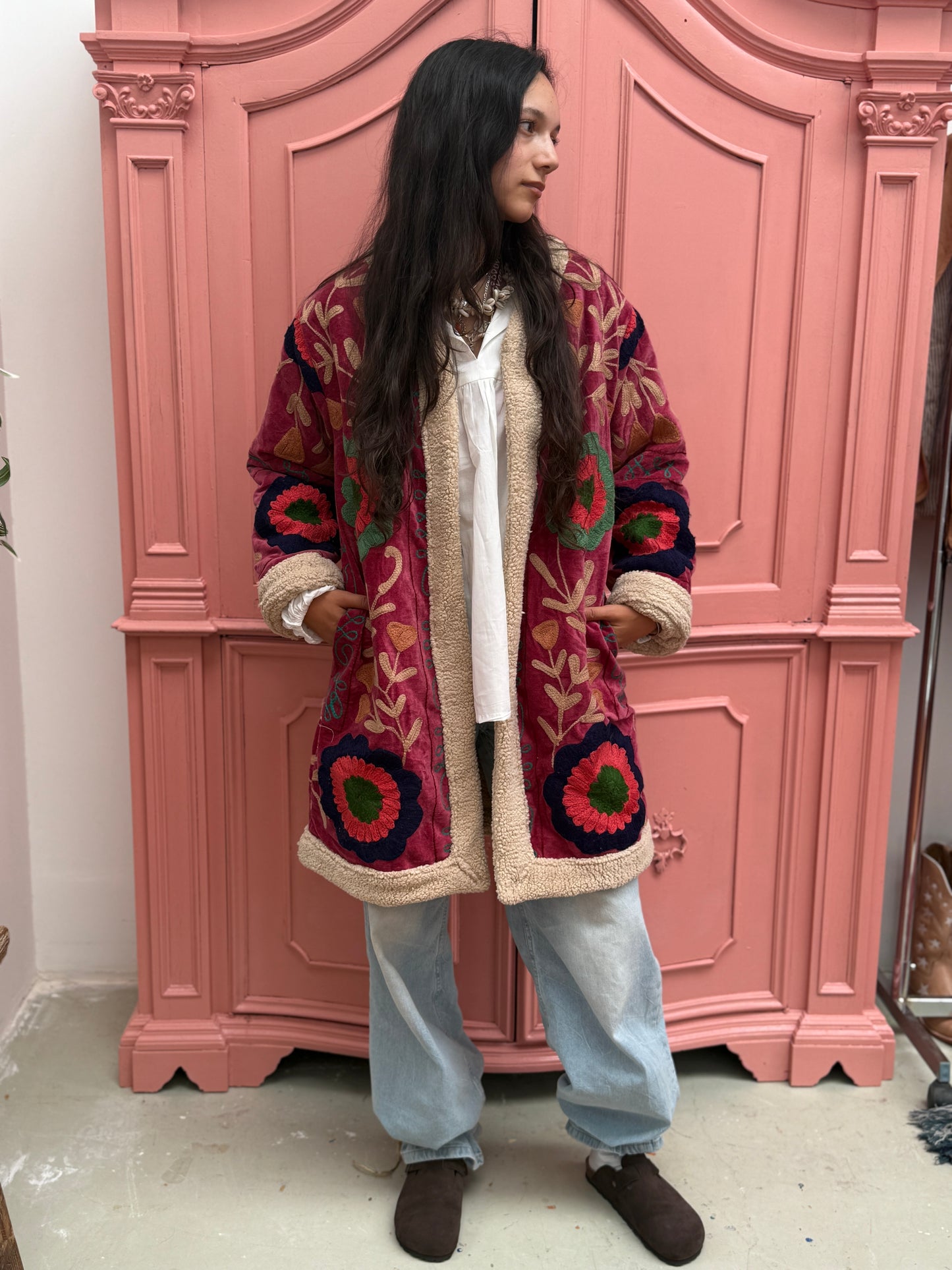 Velvet coat fake fur plum