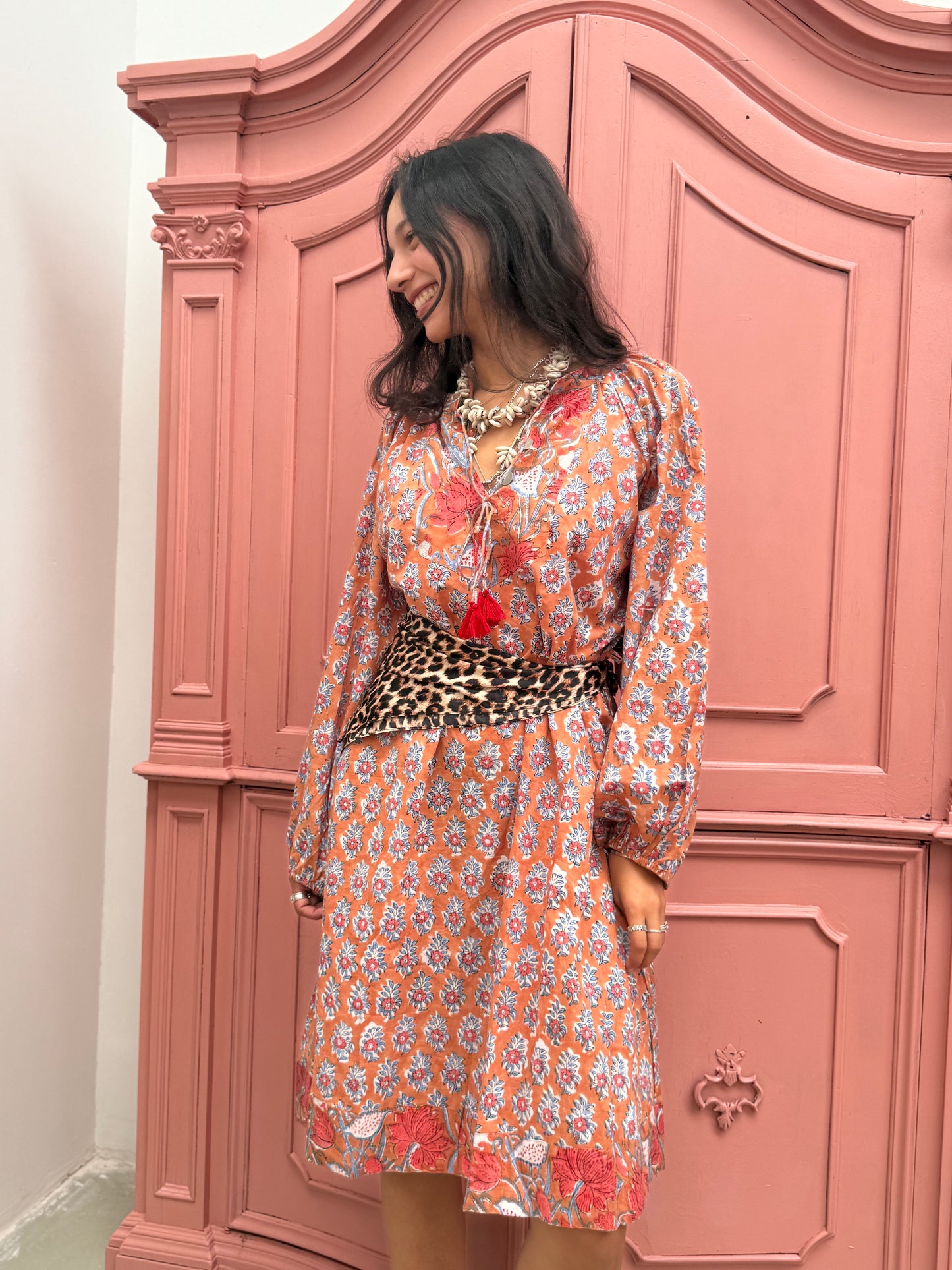 Blockprints jurk Flowers Roest