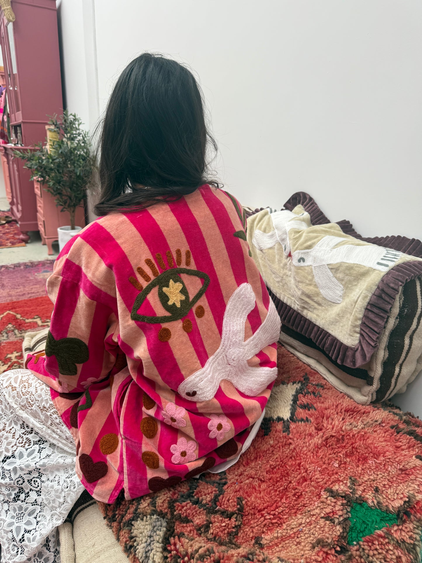 Velvet  embroidery jacket birds beige stripe Rose