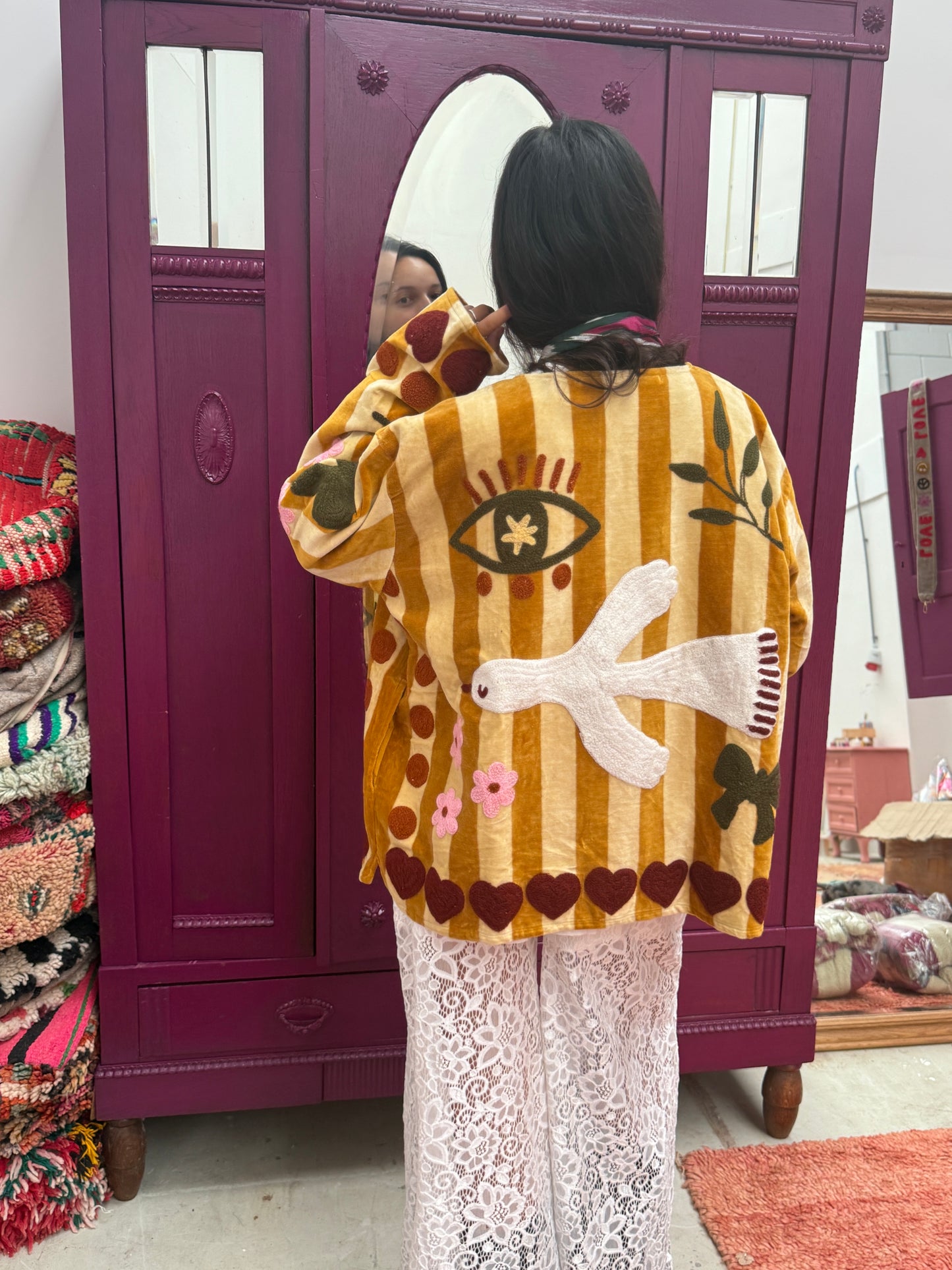 Velvet  embroidery jacket birds beige stripe Yellow