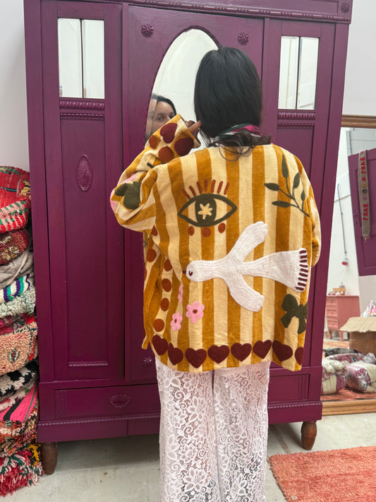 Velvet  embroidery jacket birds beige stripe Yellow