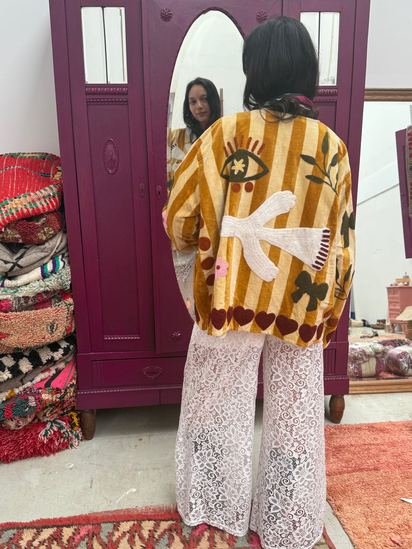 Velvet  embroidery jacket birds beige stripe Yellow