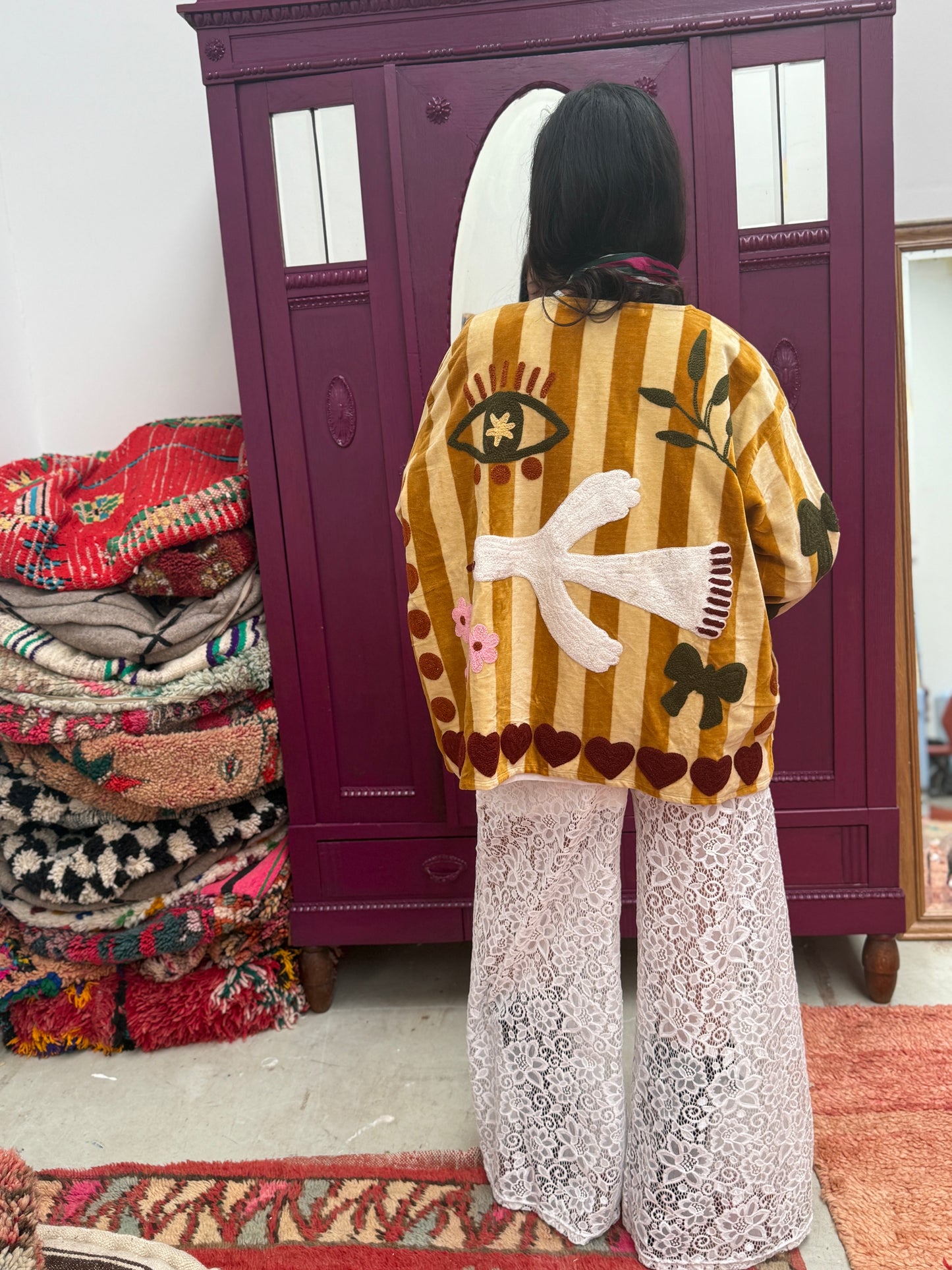 Velvet  embroidery jacket birds beige stripe Yellow