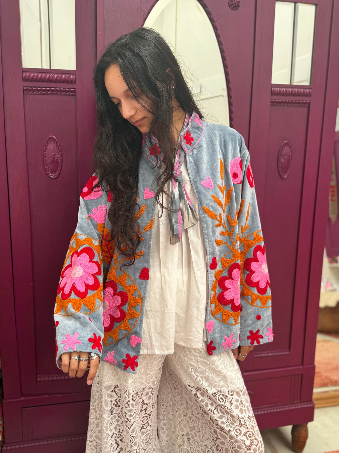Velvet embroidery jacket pink light grey