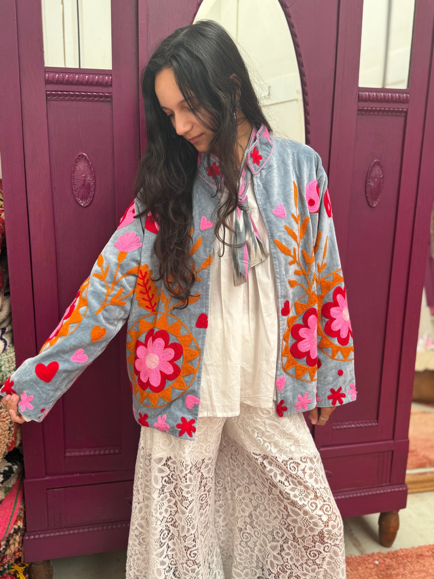 Velvet embroidery jacket pink light grey