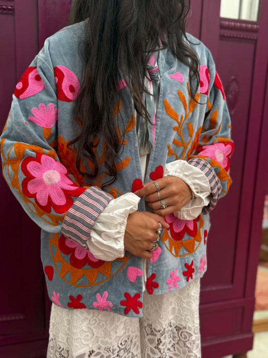 Velvet embroidery jacket pink light grey