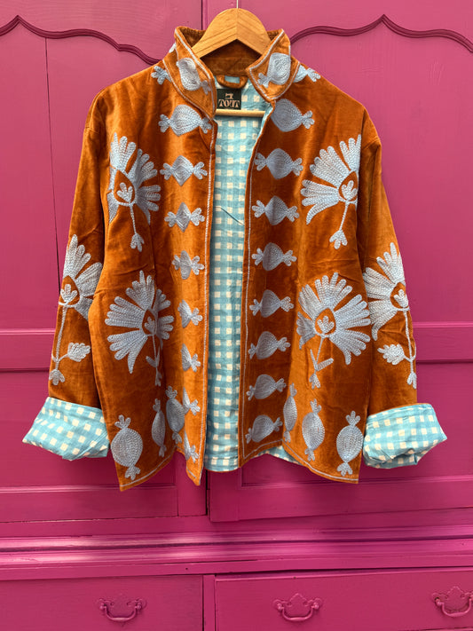 Velvet embroidery jacket bruin met licht blauw