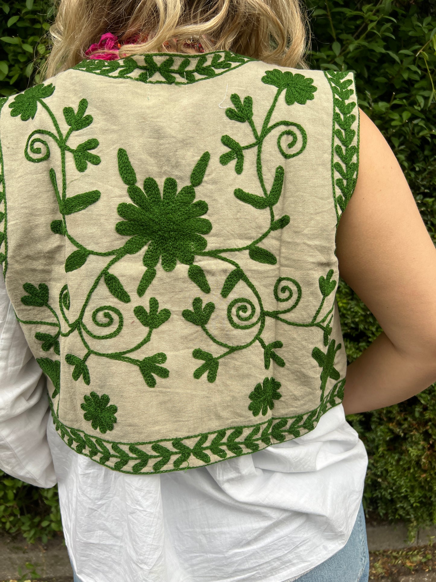 Suzani cotton  Gilet beige green