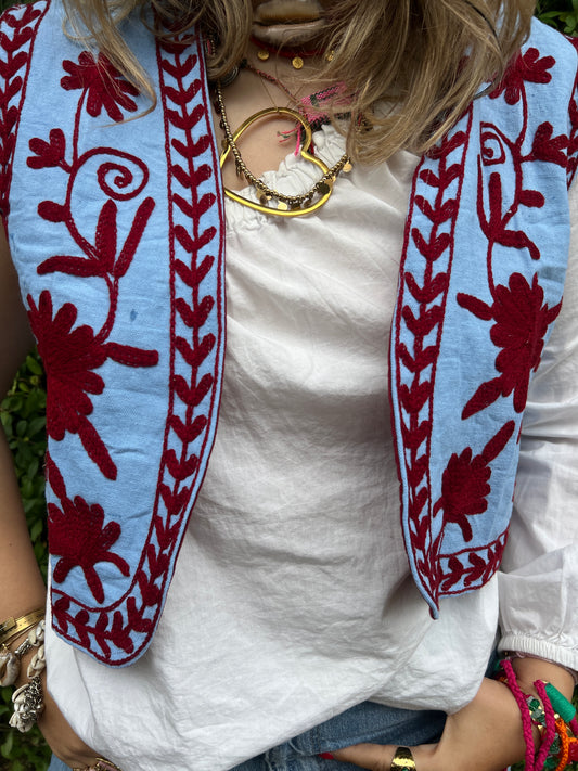 Suzani cotton  Gilet blue red