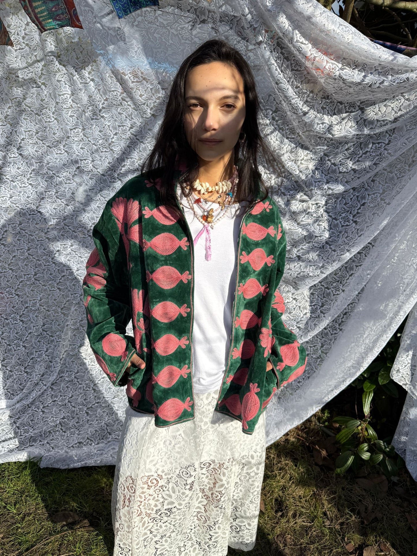 Velvet embroidery jacket green pink panter