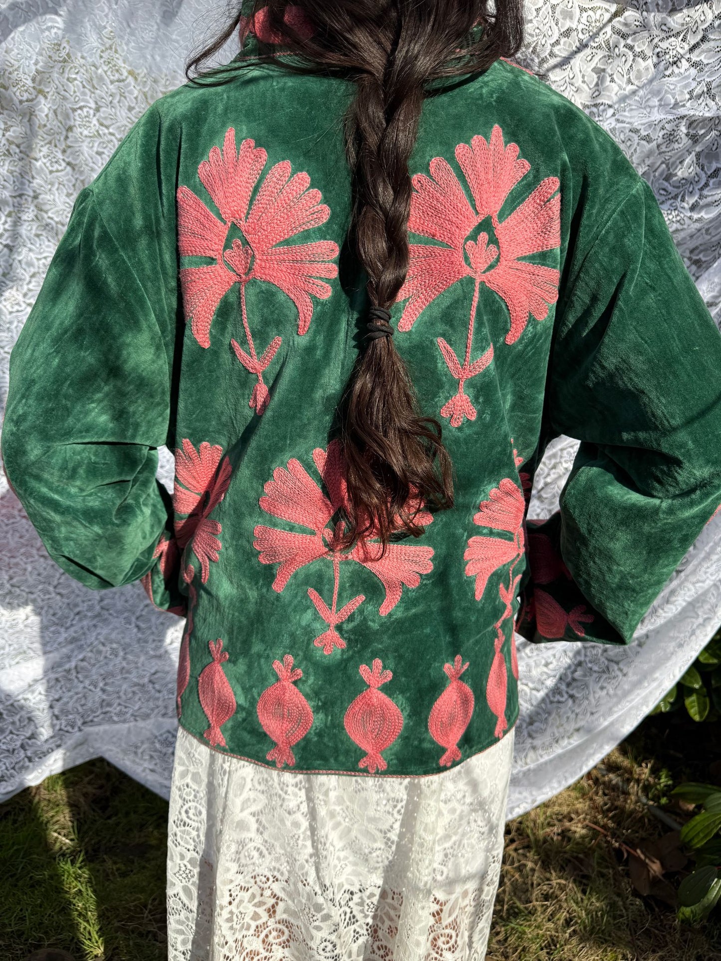 Velvet embroidery jacket green pink panter