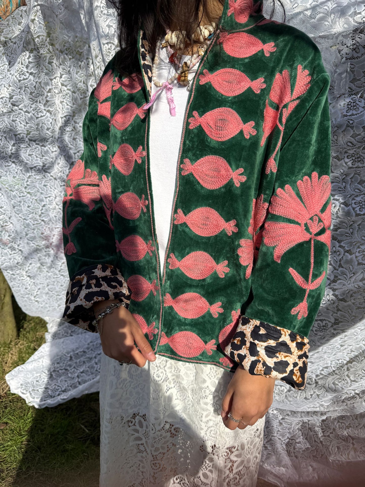 Velvet embroidery jacket green pink panter