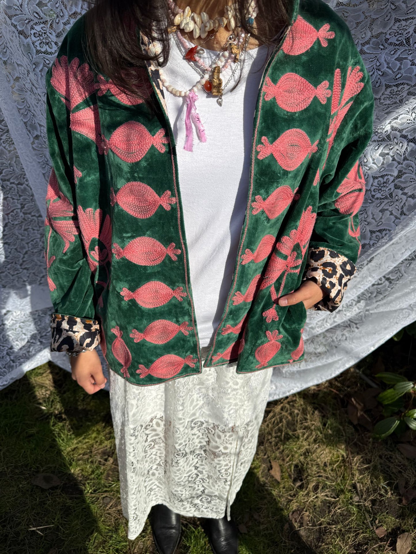 Velvet embroidery jacket green pink panter