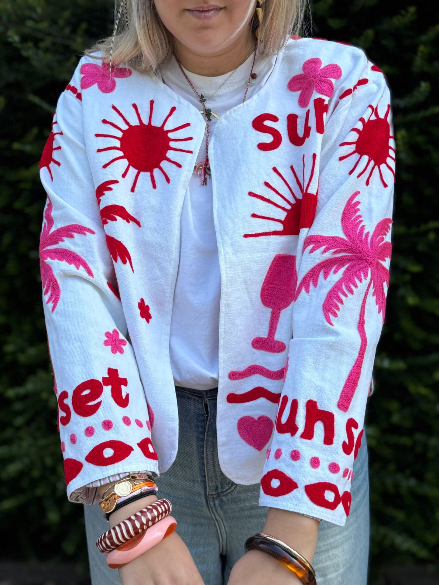 Cotton embroidery jacket CINCIN wit roze