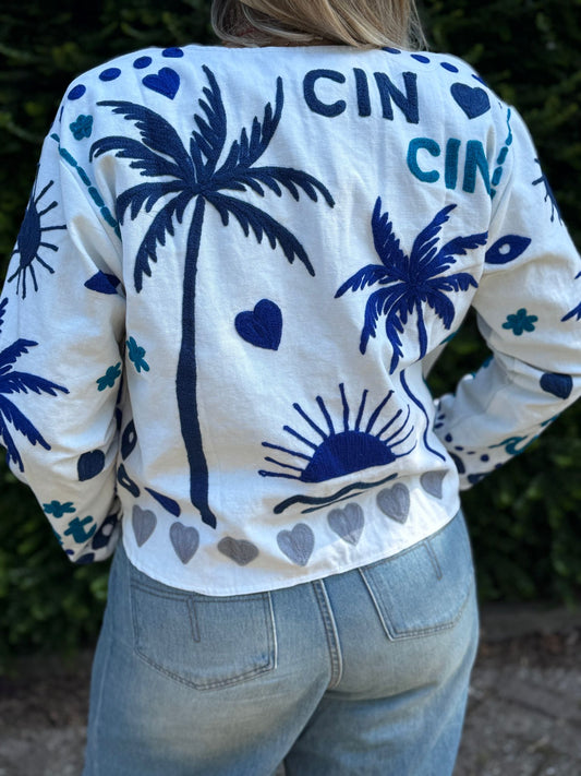 Cotton embroidery jacket CINCIN wit blauw