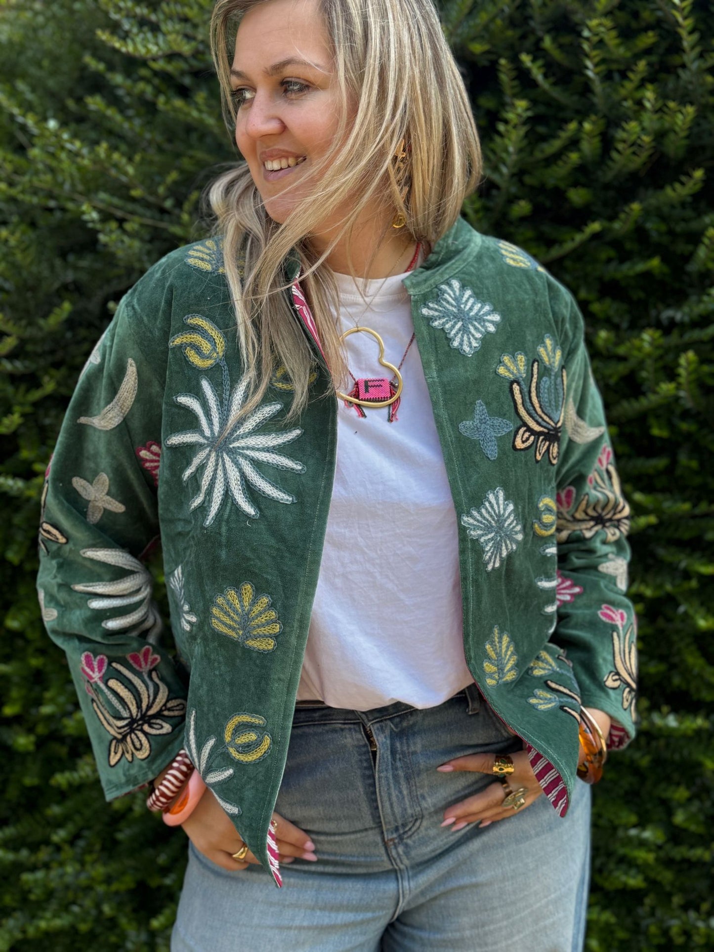 Velvet embroidery jacket green panter back
