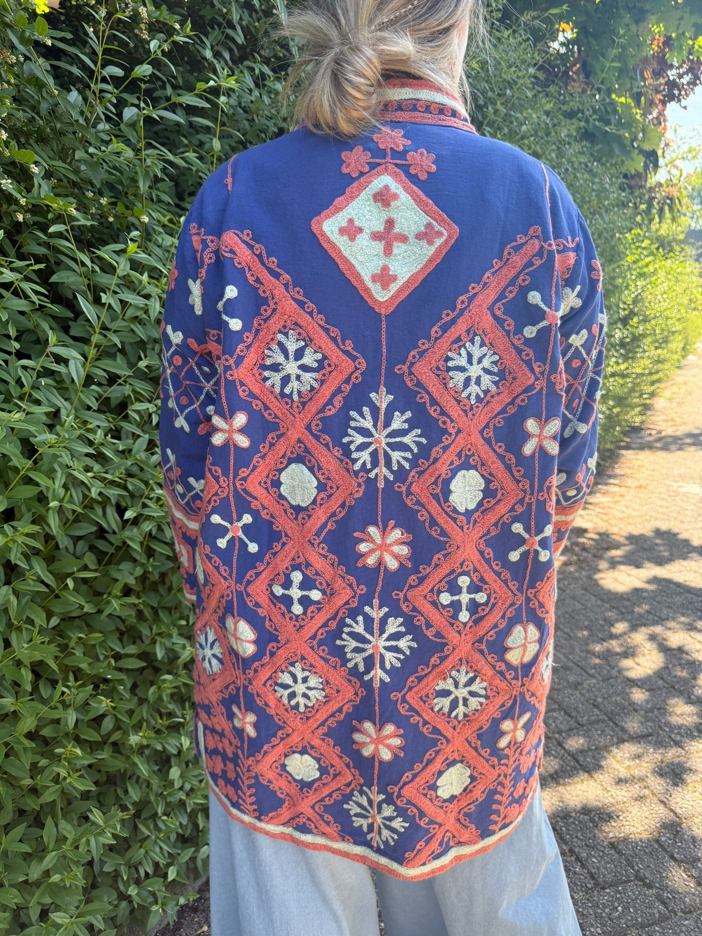 Medium Long  cotton embroidery jas Blue orange