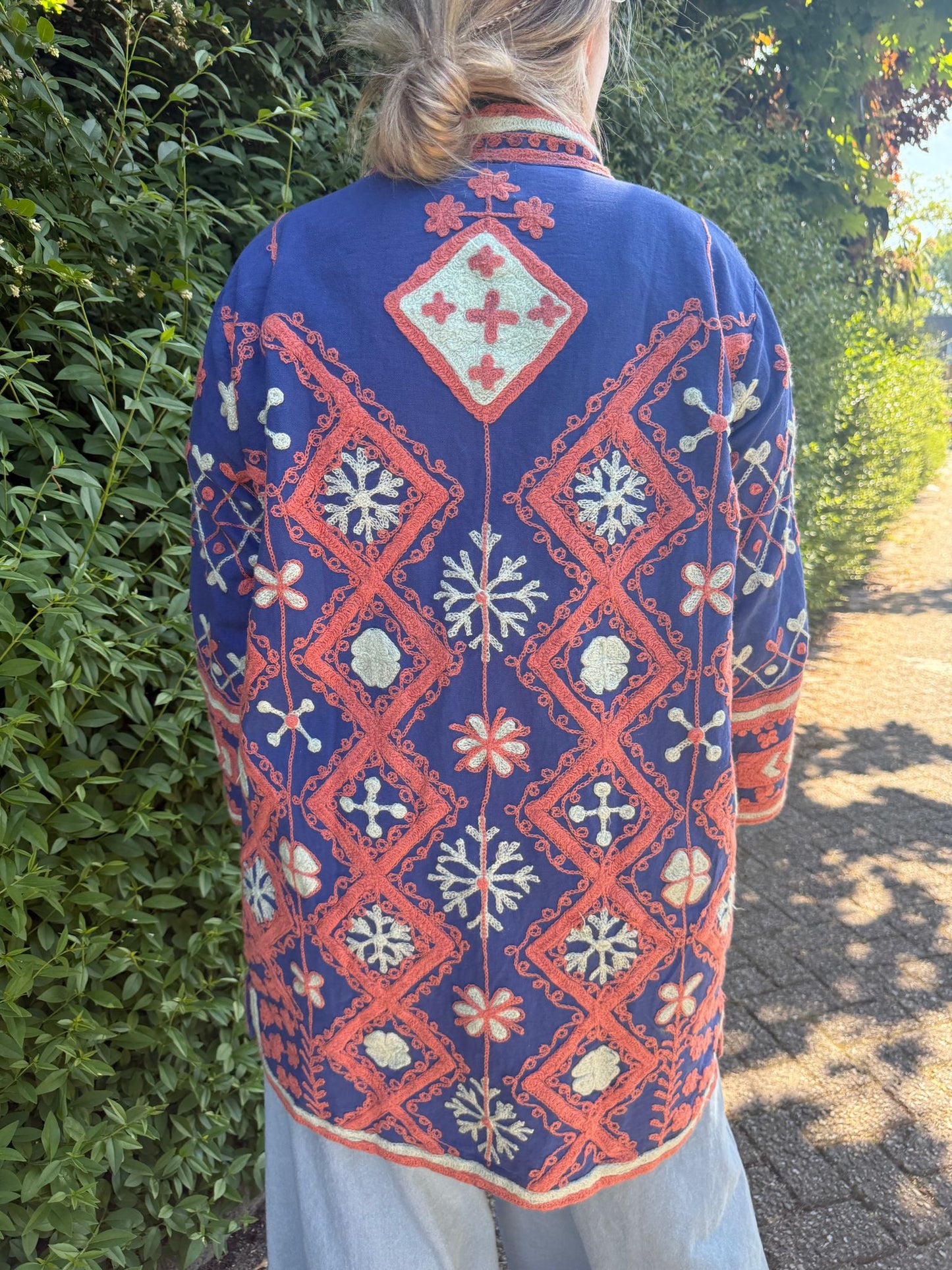 Medium Long  cotton embroidery jas Blue orange
