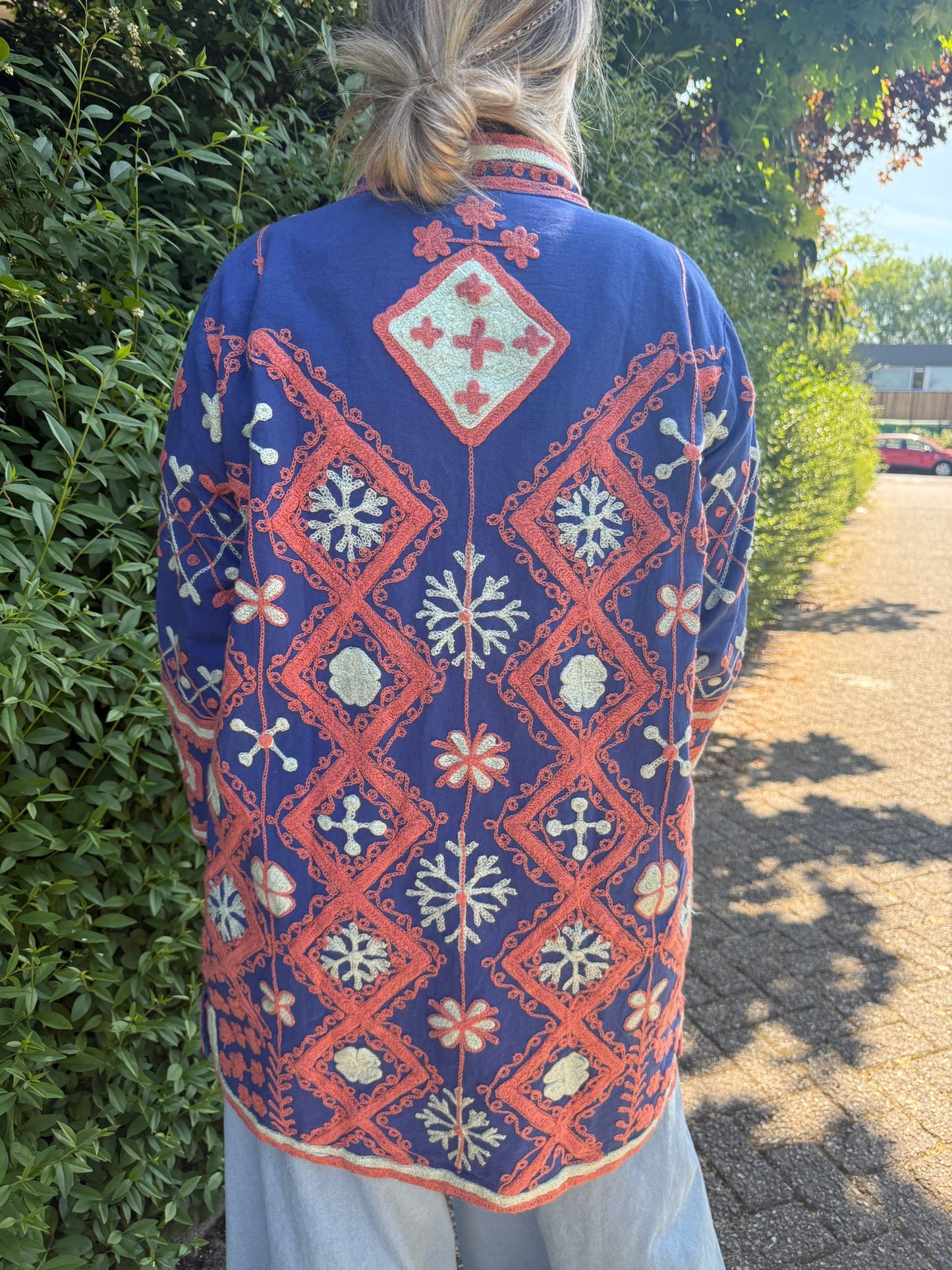 Medium Long  cotton embroidery jas Blue orange