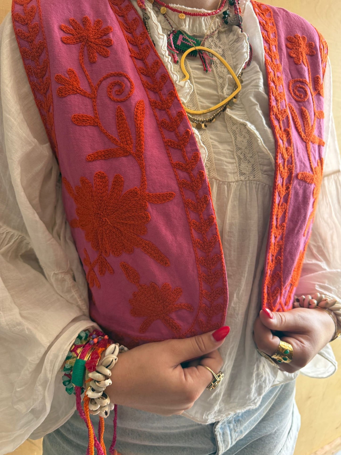 Suzani cotton  Gilet purple orange