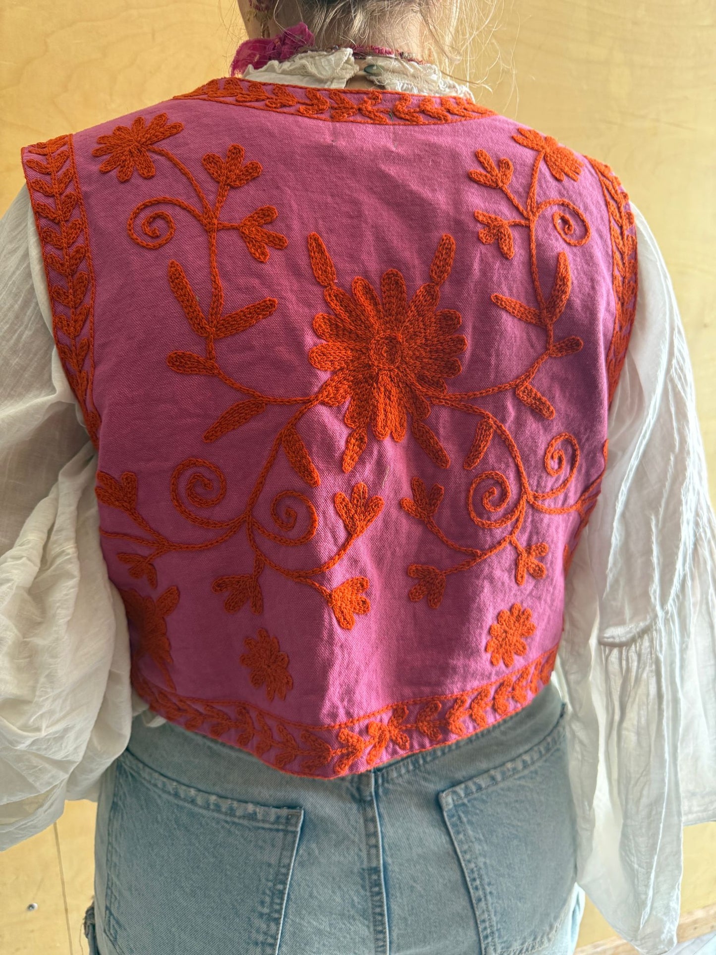 Suzani cotton  Gilet purple orange