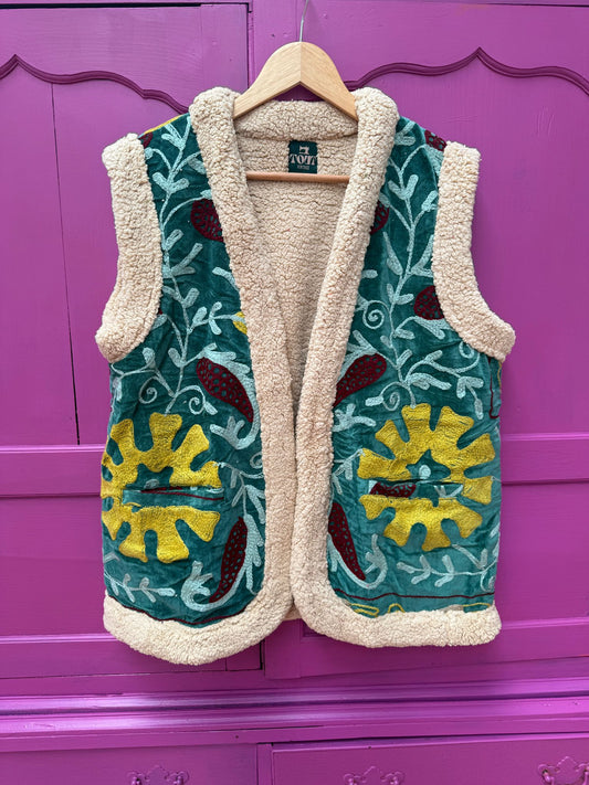 Velvet gilet fake fur green