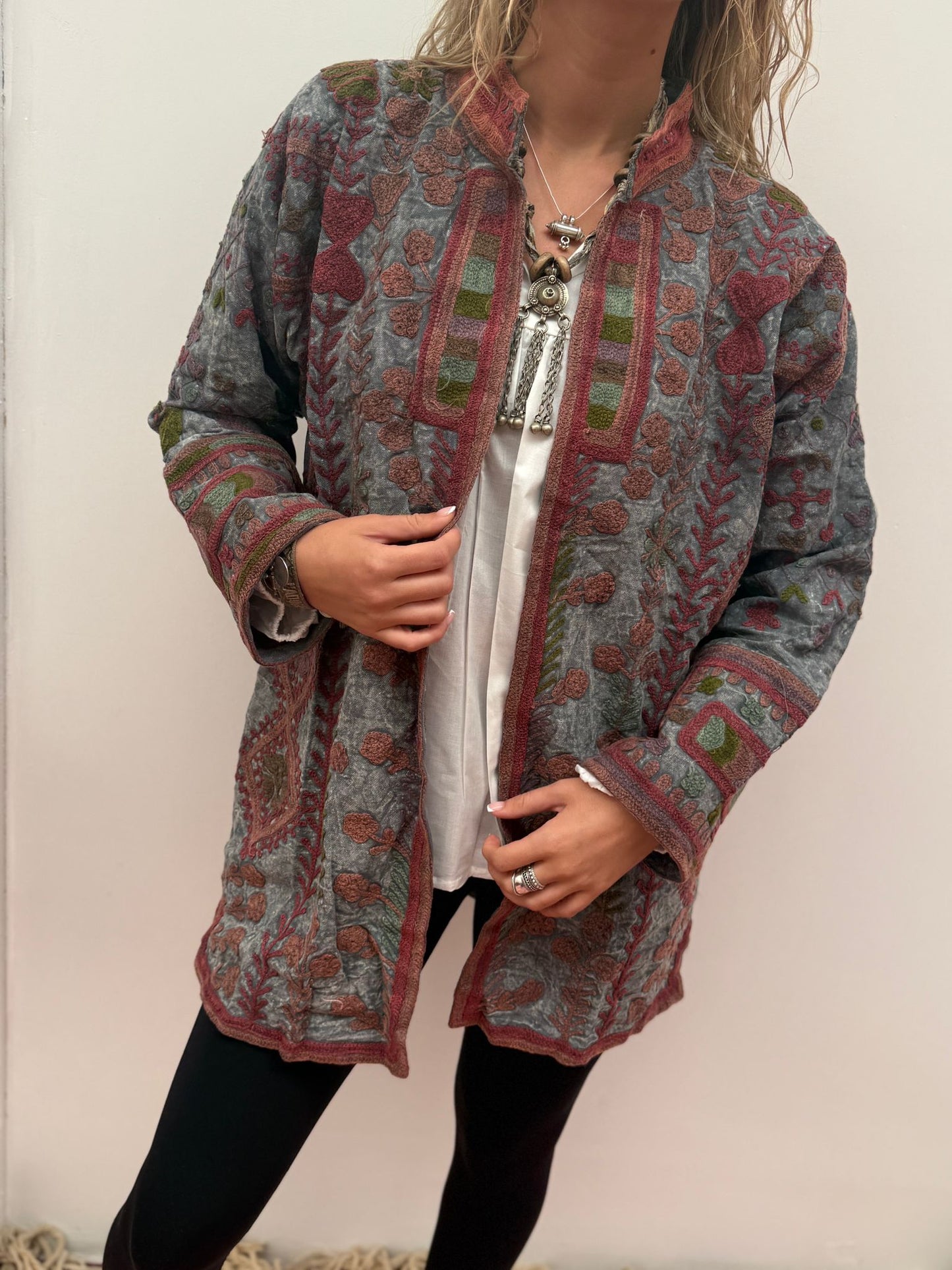 Medium Long  cotton embroidery jas stoned wash