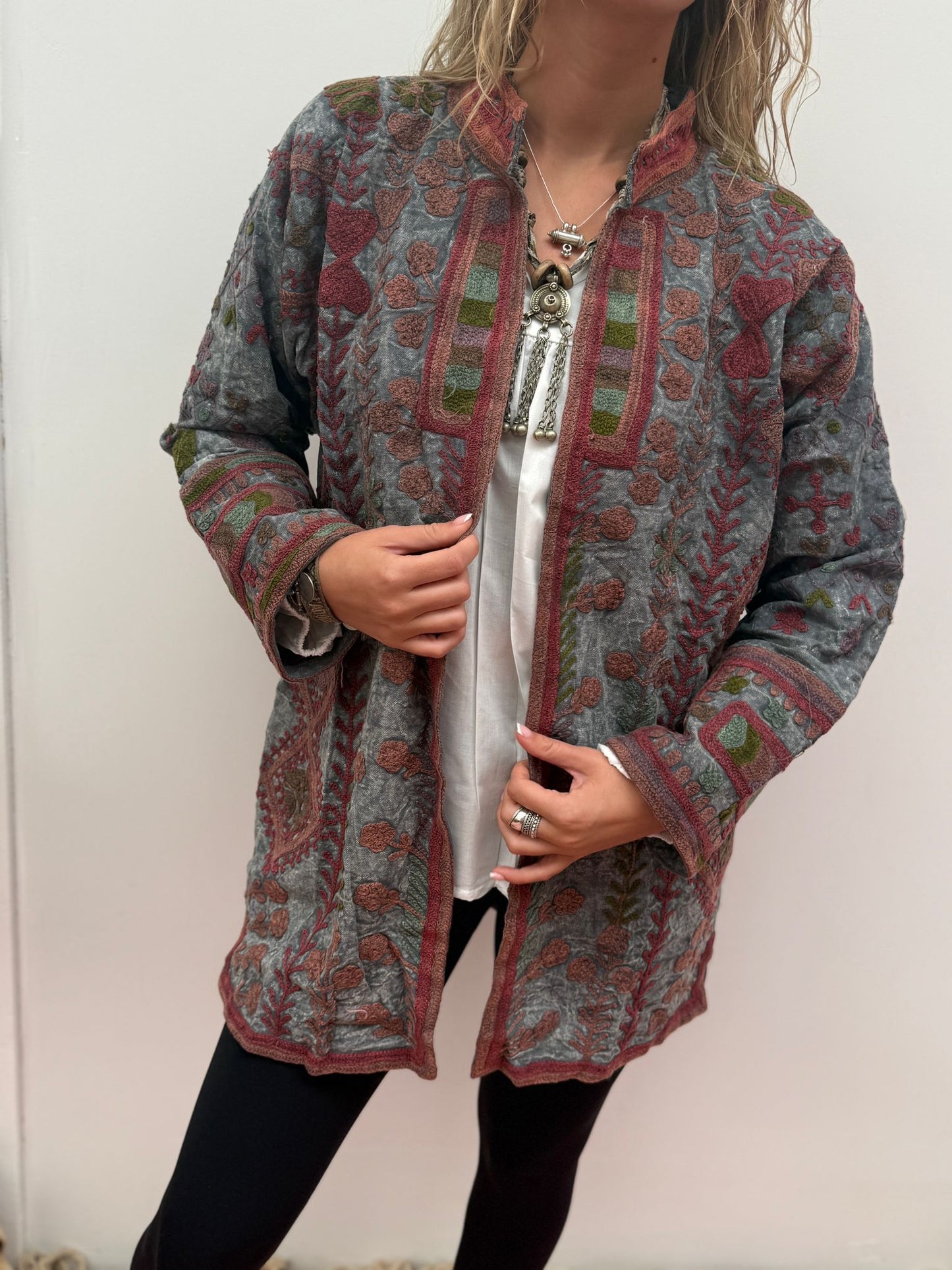 Medium Long  cotton embroidery jas stoned wash