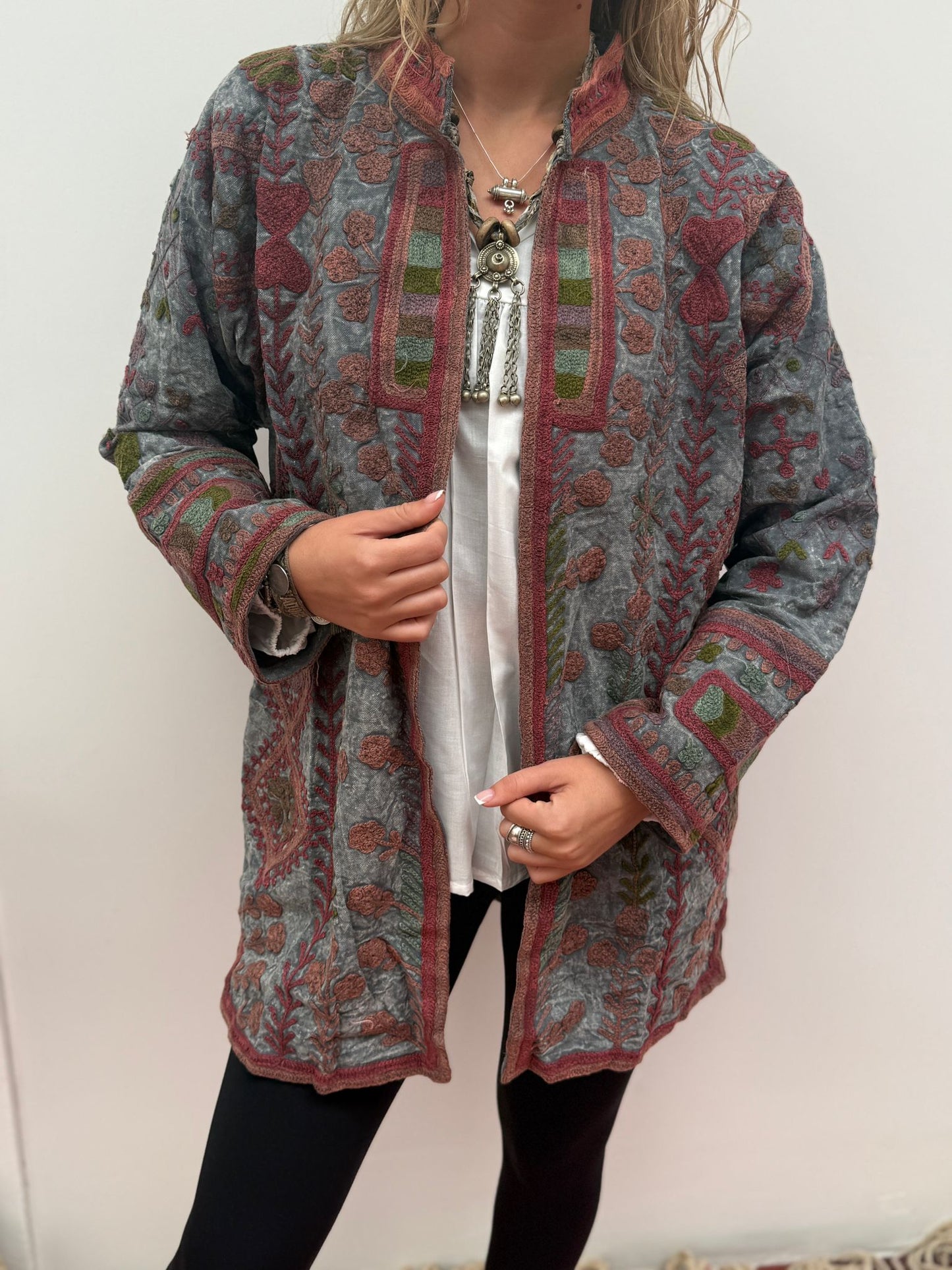 Medium Long  cotton embroidery jas stoned wash