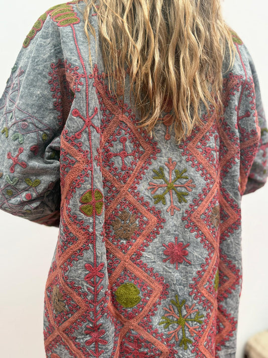 Medium Long  cotton embroidery jas stoned wash