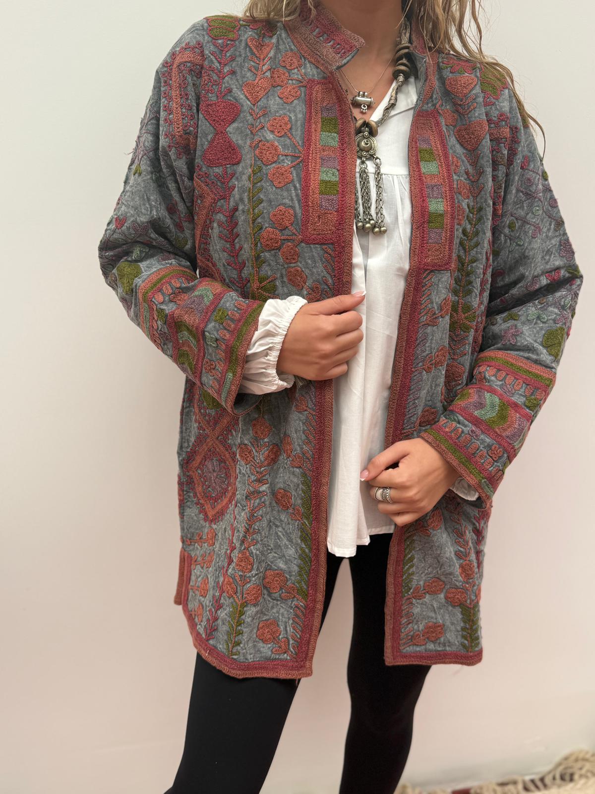 Medium Long  cotton embroidery jas stoned wash