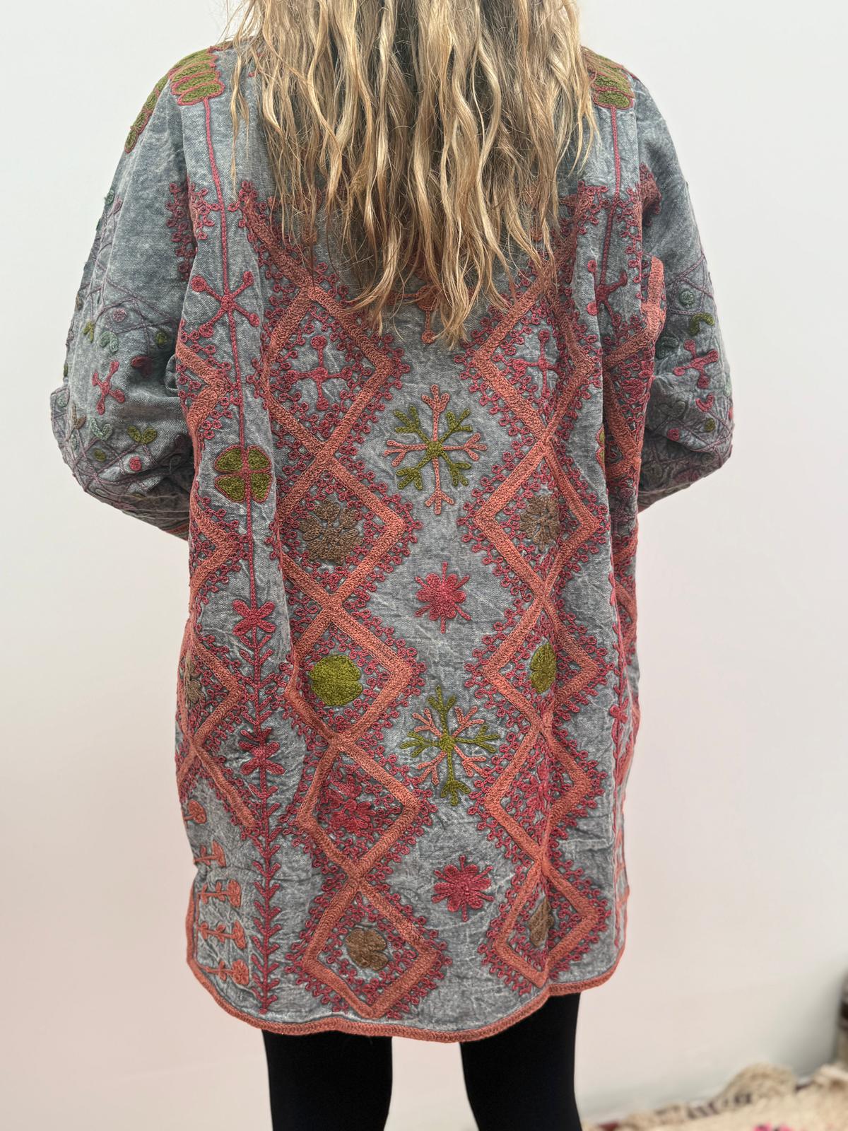 Medium Long  cotton embroidery jas stoned wash