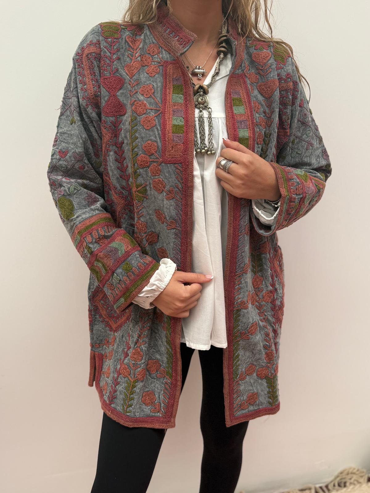 Medium Long  cotton embroidery jas stoned wash