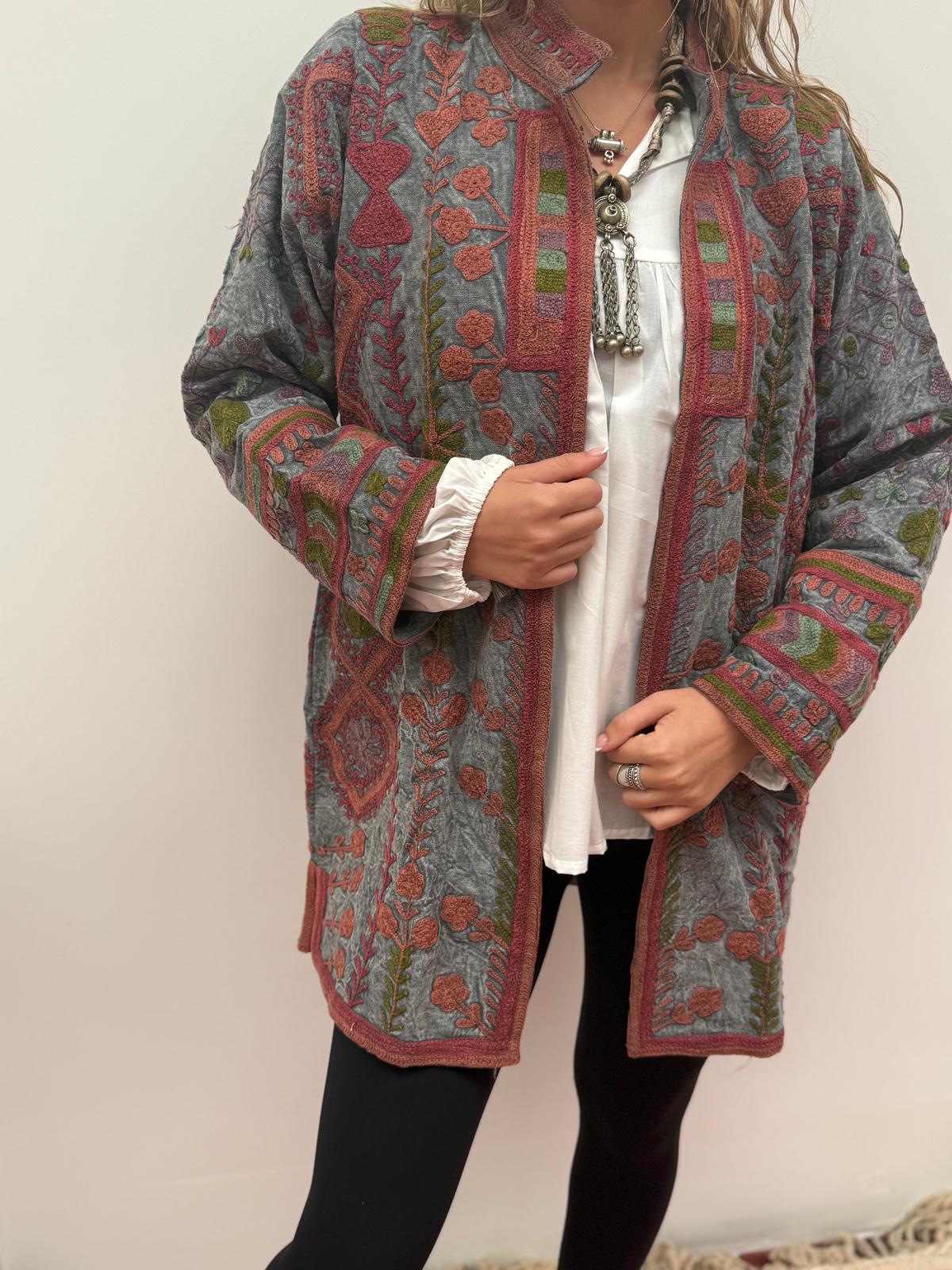 Medium Long  cotton embroidery jas stoned wash