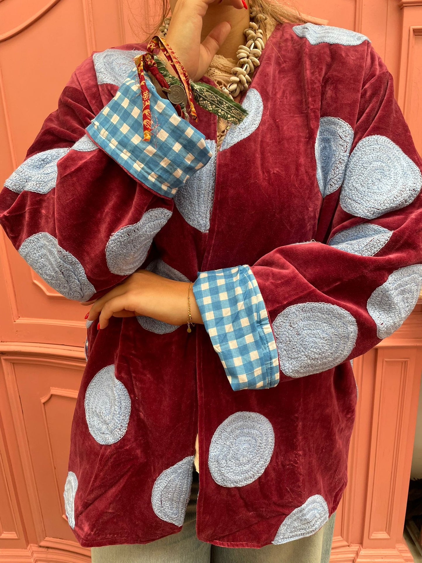 Velvet embroidery jacket Dots Roodbruin blauw