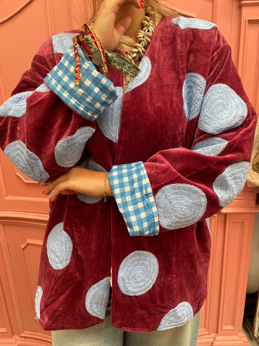 Velvet embroidery jacket Dots Roodbruin blauw