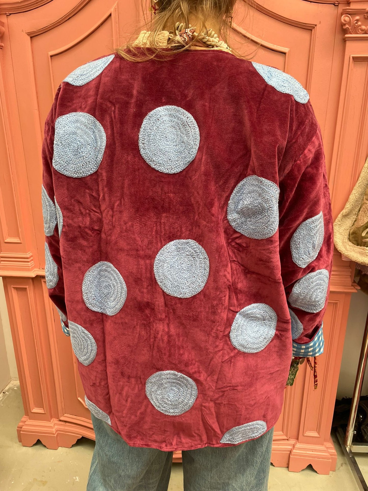 Velvet embroidery jacket Dots Roodbruin blauw