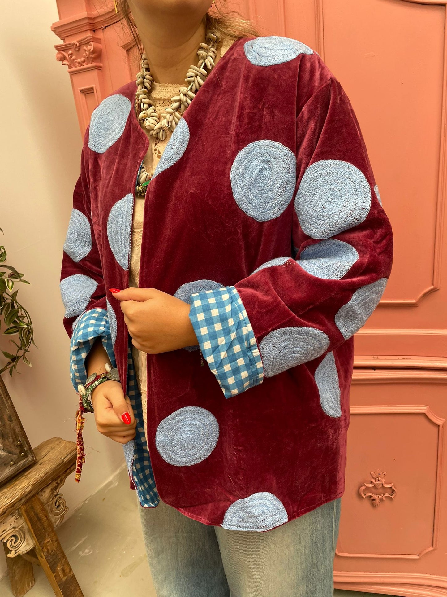 Velvet embroidery jacket Dots Roodbruin blauw