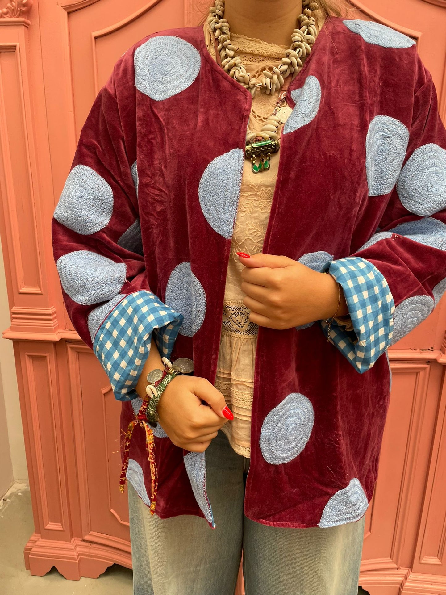 Velvet embroidery jacket Dots Roodbruin blauw