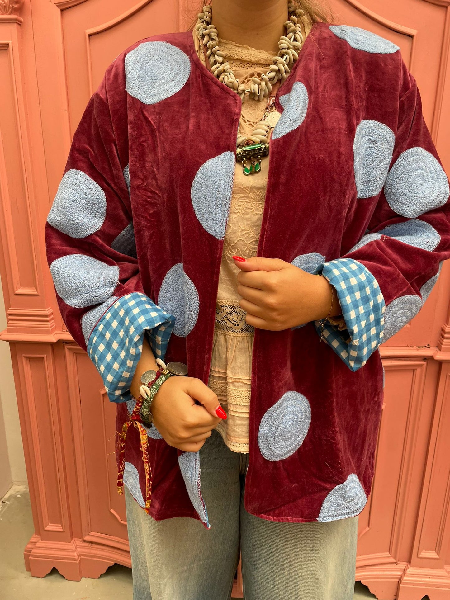 Velvet embroidery jacket Dots Roodbruin blauw