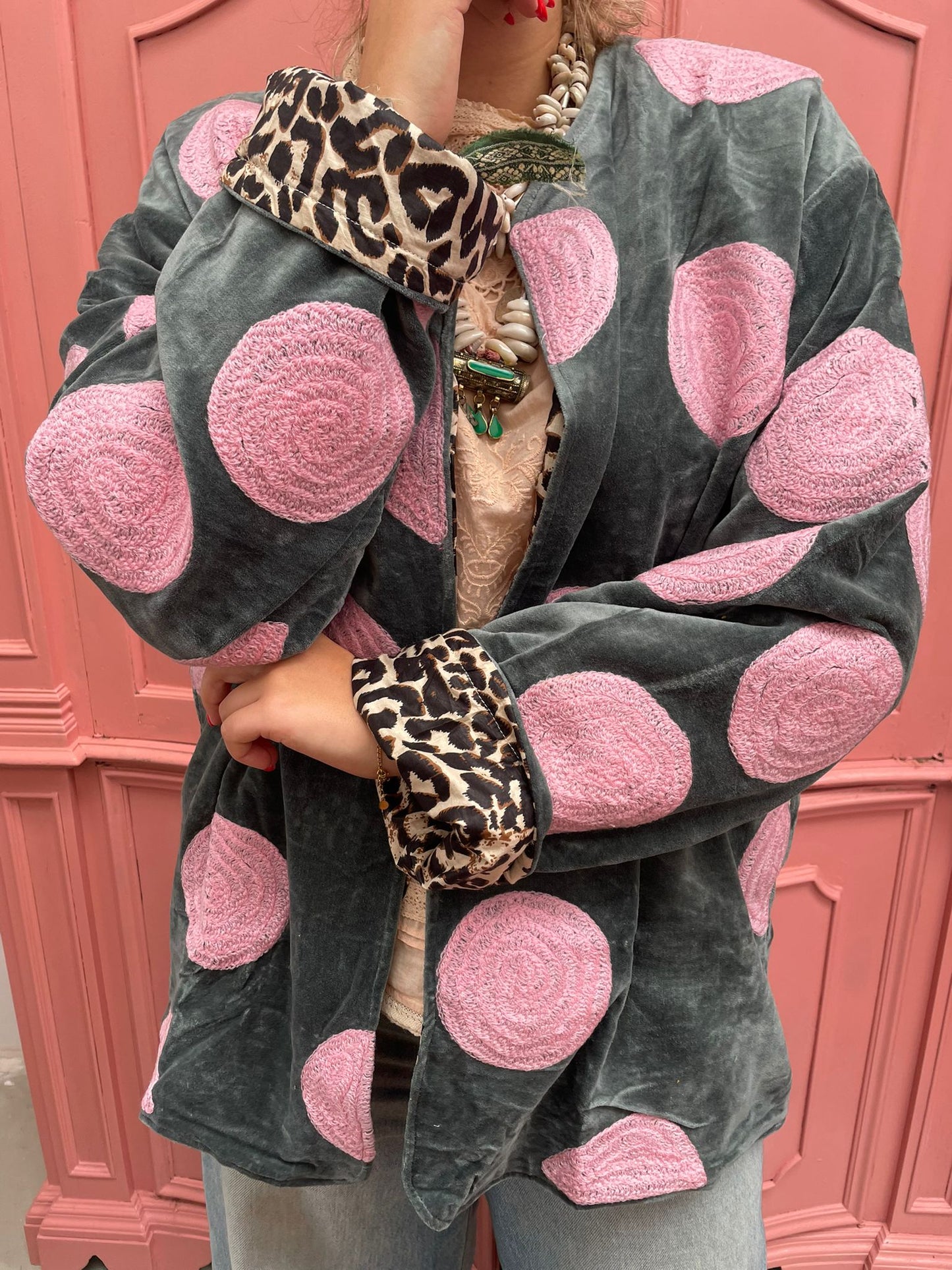 Velvet embroidery jacket Pink Dots