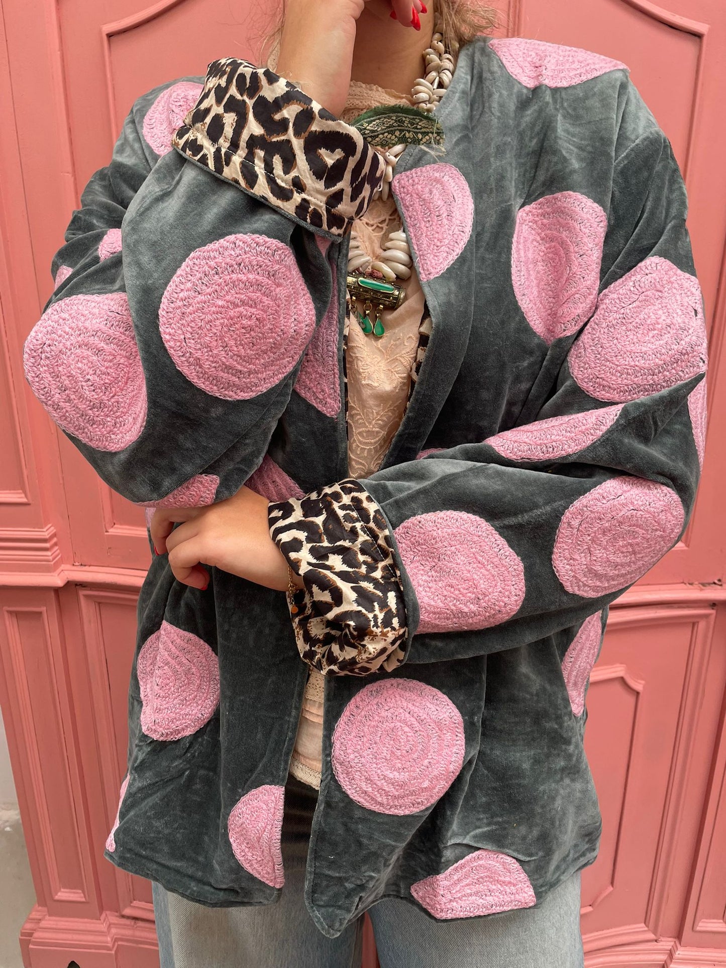 Velvet embroidery jacket Pink Dots