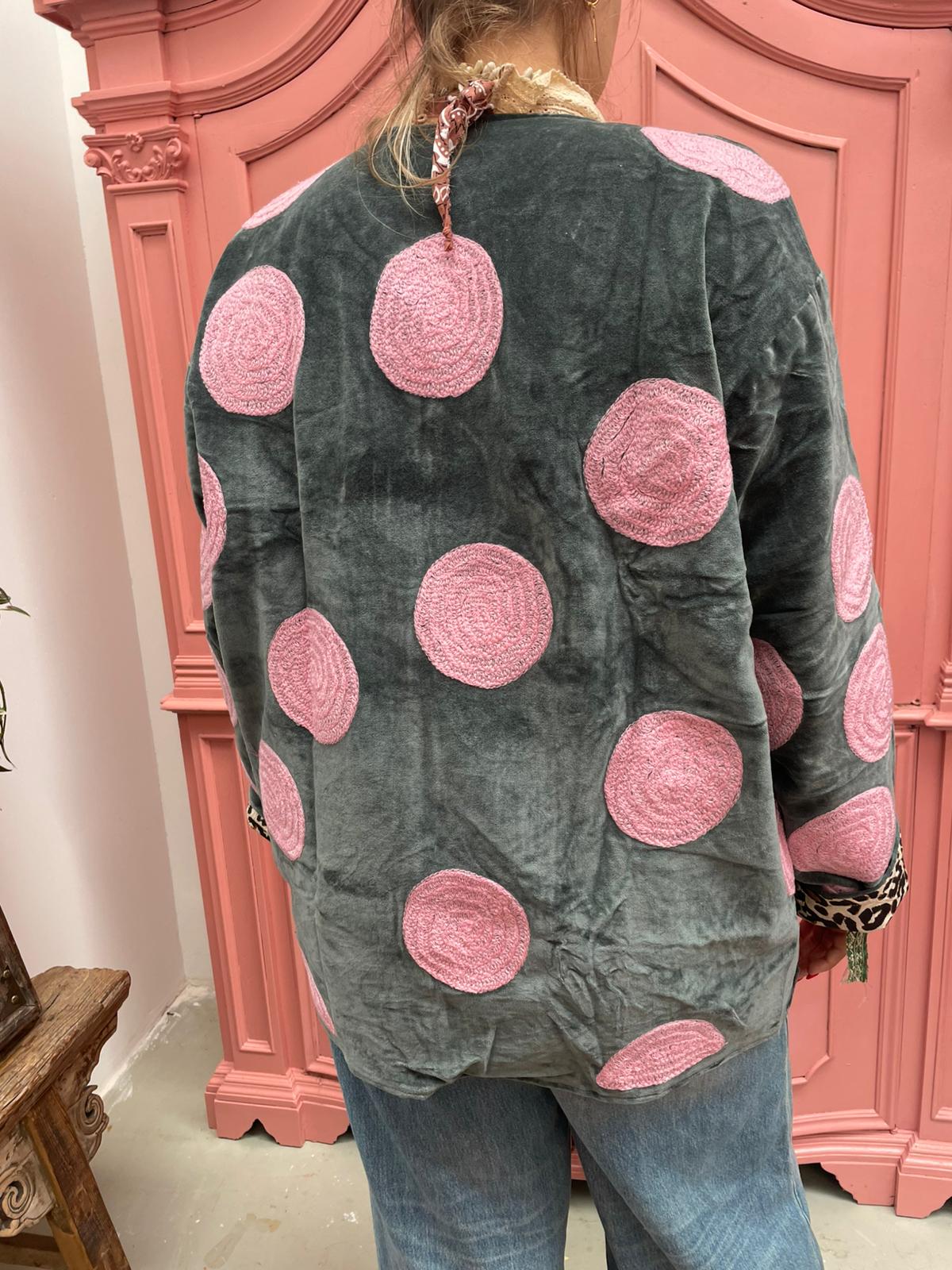 Velvet embroidery jacket Pink Dots