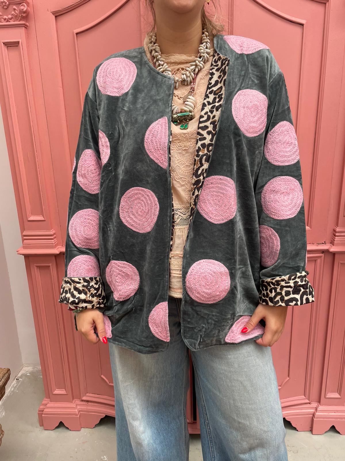 Velvet embroidery jacket Pink Dots
