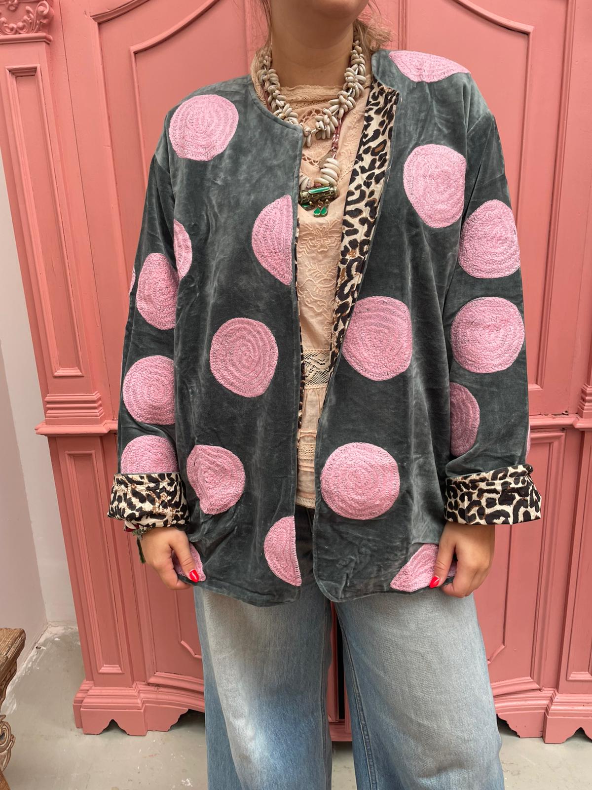 Velvet embroidery jacket Pink Dots