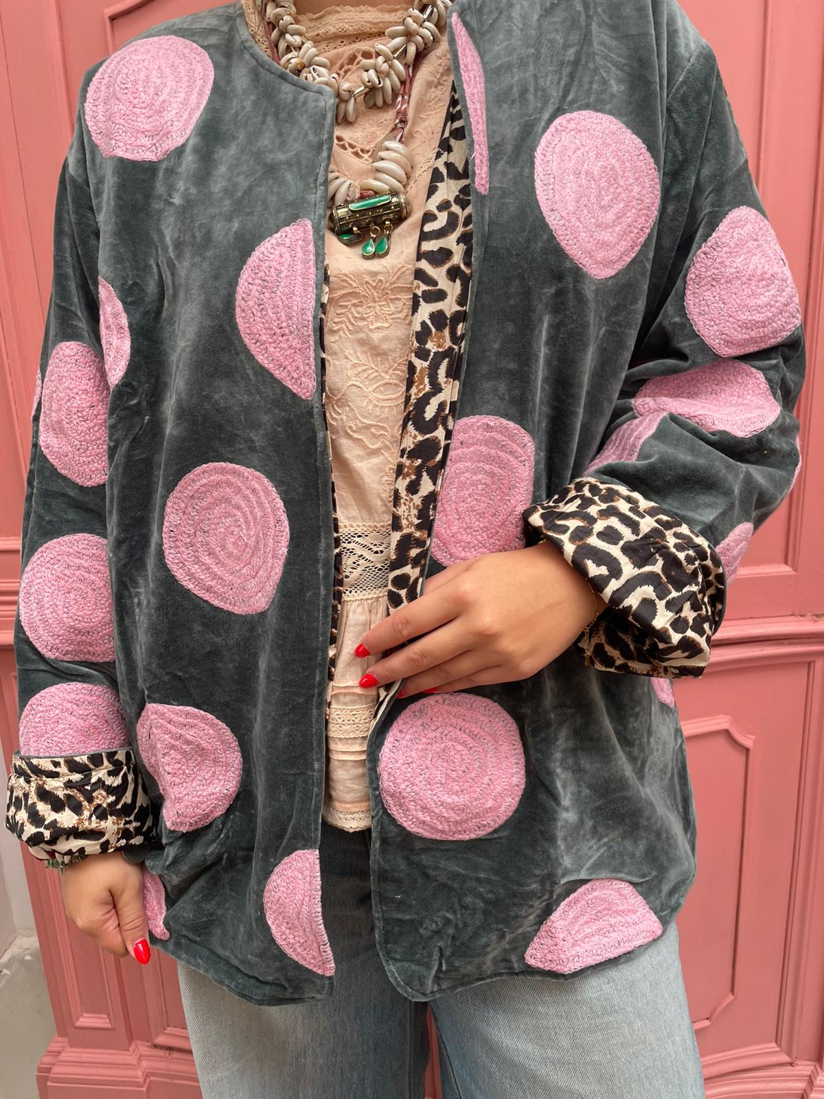 Velvet embroidery jacket Pink Dots