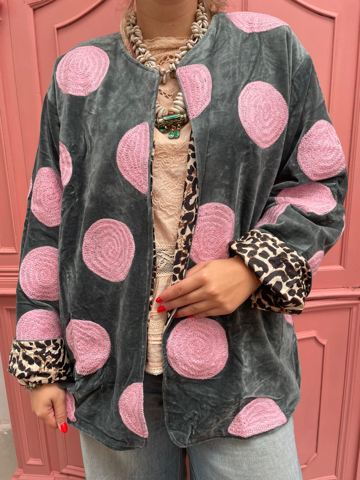 Velvet embroidery jacket Pink Dots