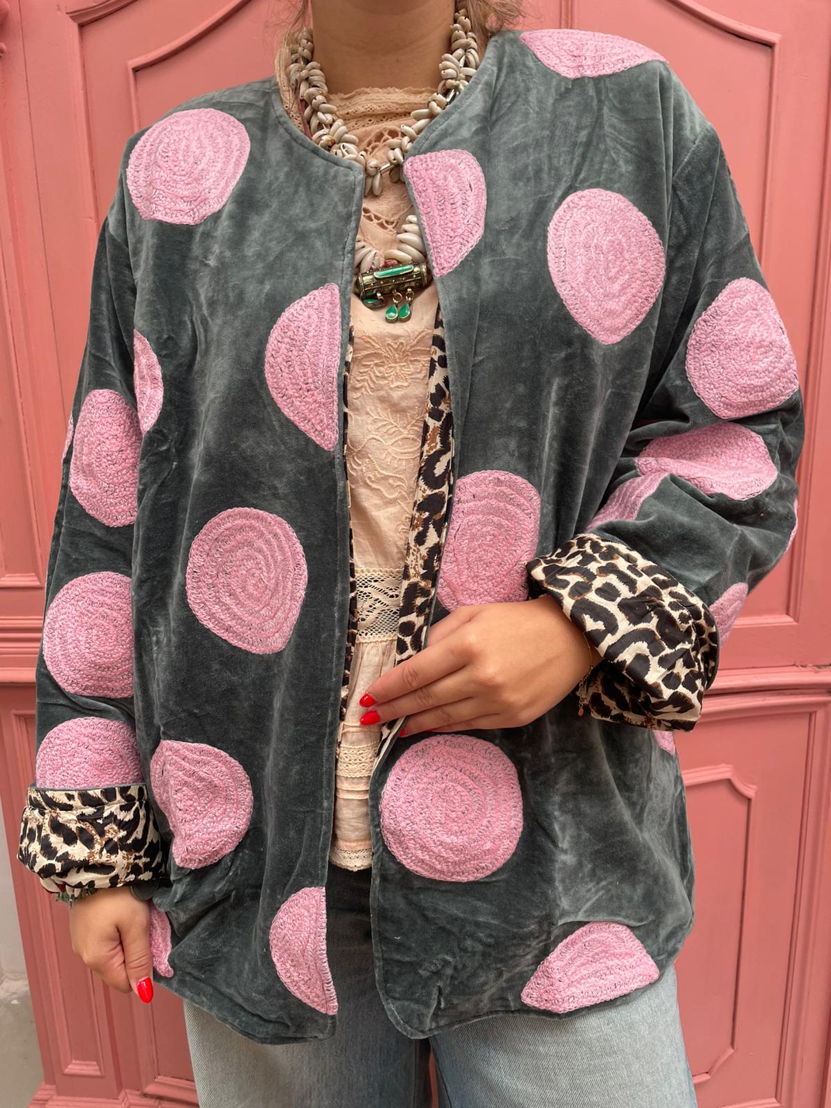 Velvet embroidery jacket Pink Dots
