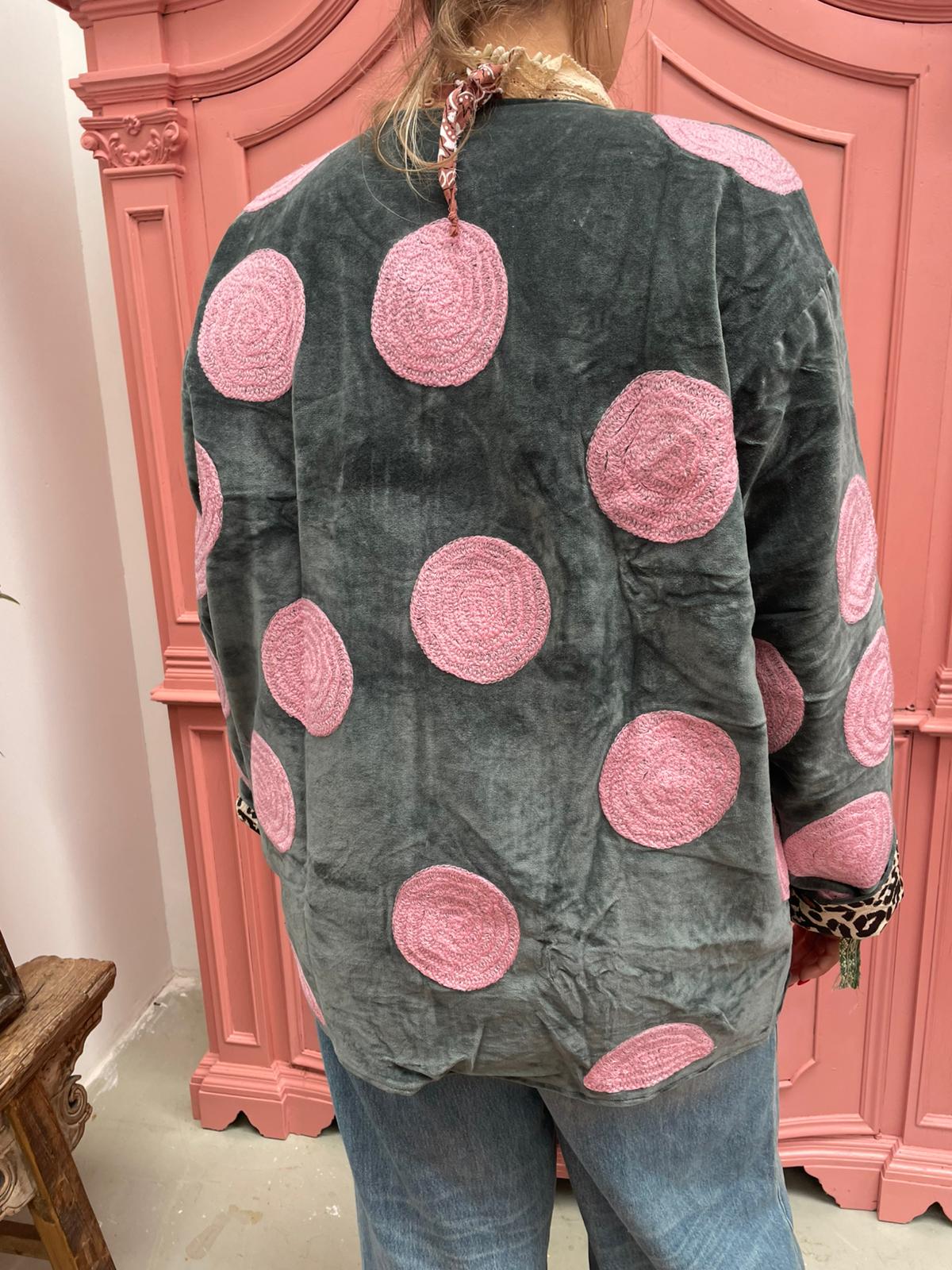 Velvet embroidery jacket Pink Dots